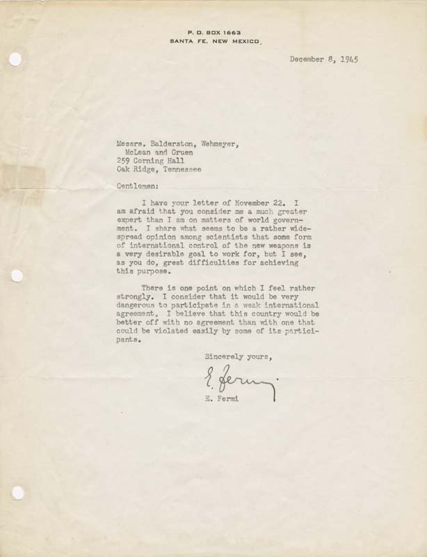 Enrico Fermi to John L. Balderston, Jr., et al., letter, December 8, 1945