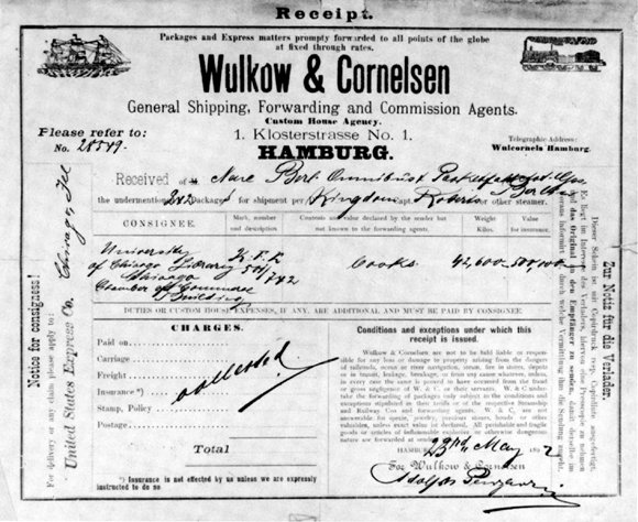 Shipping receipt for Berlin Collection books. May 23, 1892