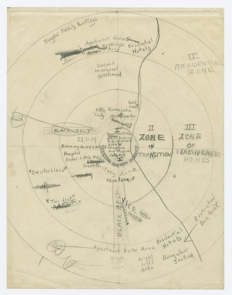 Hand drawn map of city zones, shaped like a target to the center of Chicago
