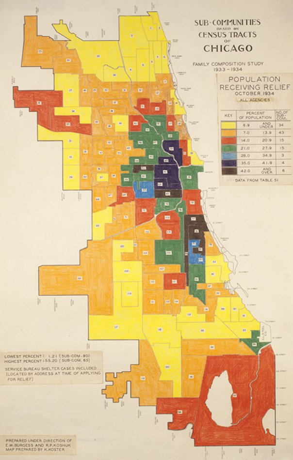 Map of Chicago citizens getting financial aid, color coded by population amount