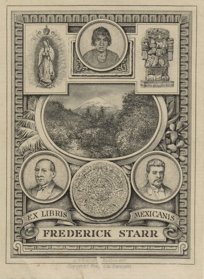 Bookplate with three portraits and a nature scene showing a mountain. Scrolls say "Ex Libris Mexicanis"