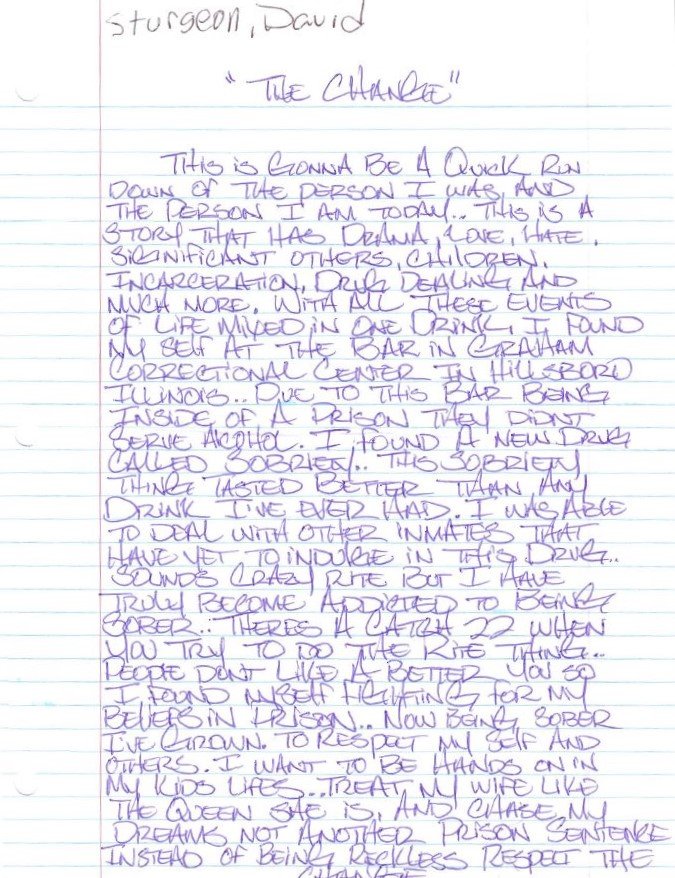 Handwritten letter, blue pen on lined paper, all caps. Text in paragraph above.