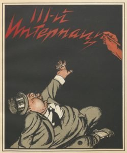 A portly man in a suit and top hat struggles on the ground while a hand writes in red lettering.