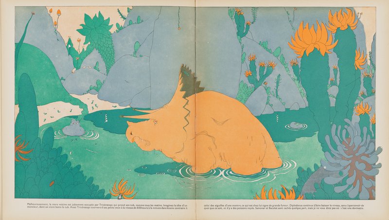 An orange triceratops standing in green water