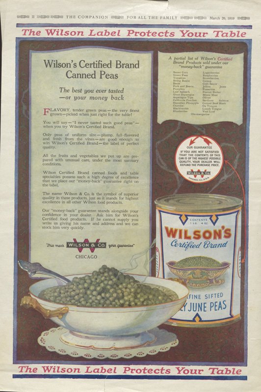 Full-page color advertisement for Wilson & Co. canned peas in "The Companion - For All the Family" magazine. Depicts a can of Wilson peas alongside peas in a white serving bowl. Slogan reads "Wilson's Certified Brand Canned Pease, The best you ever tasted - or your money back."