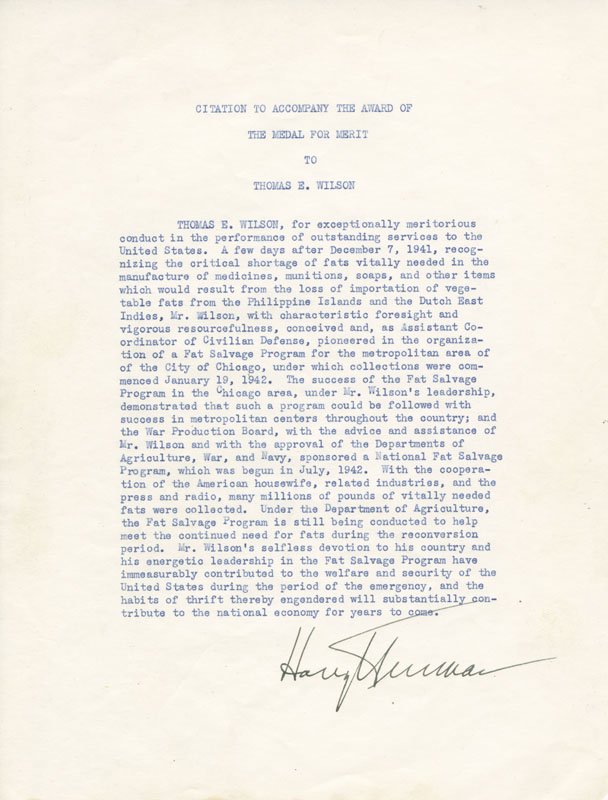 Typescript citation signed by President Harry S. Truman, thanking Thomas E. Wilson for his leadership in the National Fat Salvage Program during World War II.