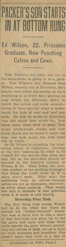 Newspaper clipping of first page of article titled "Packer's son starts in at bottom rung."