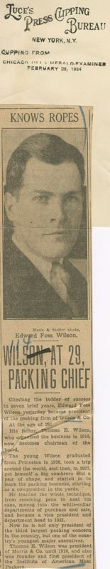 Newspaper clipping of first page of article titled "Wilson, at 29, Packing Chief."