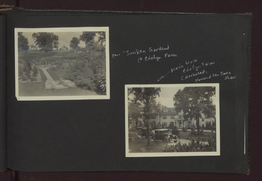 Black-and-white snapshots pasted to black photo album pages. One photograph is of the sunken garden at Edellyn Farm. The other is of the north side of the white colonial mansion. Model T Fords are shown in the front circular driveway. Handwritten notes in white ink say that the house was designed by architect Howard Van Doren Shaw.