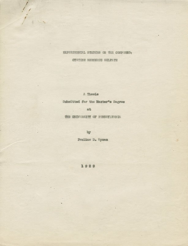 Title page of Pauline Wyman Wilson's Master's thesis for the University of Pennsylvania.