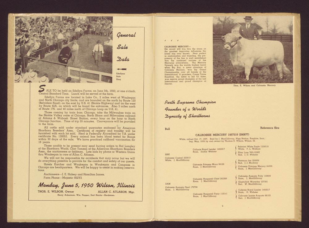 Two page spread includes black-and-white photograph of Shorthorn being shown at auction, and Thomas E. Wilson standing with "Calrossie Mercury." Text includes general data about the annual sale, including date, time, directions to Edellyn Farm, and sale rules.
