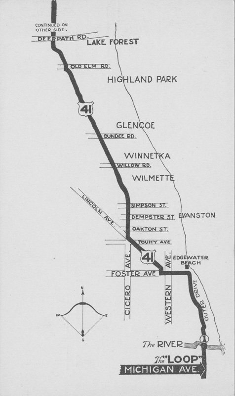 Postcard road map showing route from Chicago's downtown Loop, north to Lake Forest, Illinois.