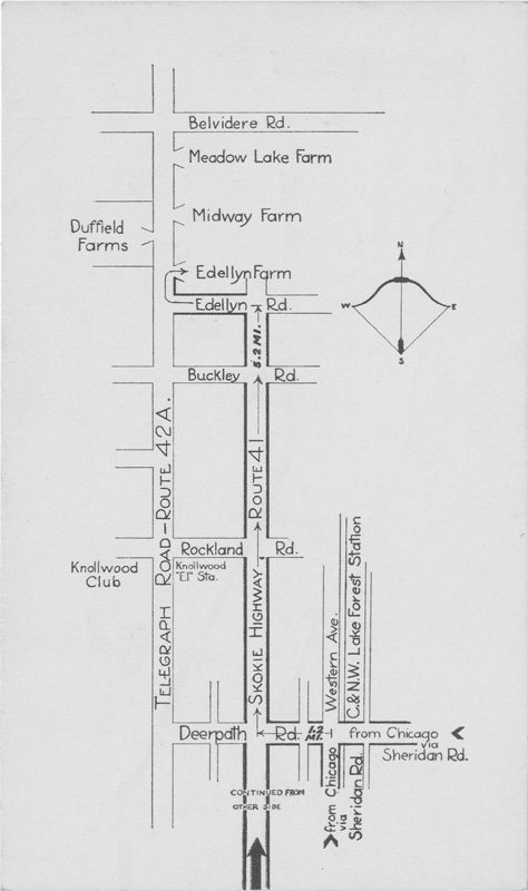 Postcard road map showing route from Deerpath Road in Lake Forest, Illinois, north to Edellyn Farm.