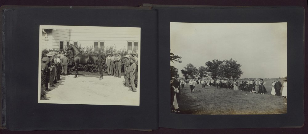 Black-and-white snapshots of a Wilson & Co. picnic at Edellyn Farm. One photograph depicts a horse being shown to a group of people. The other photo depicts a foot race and spectators.