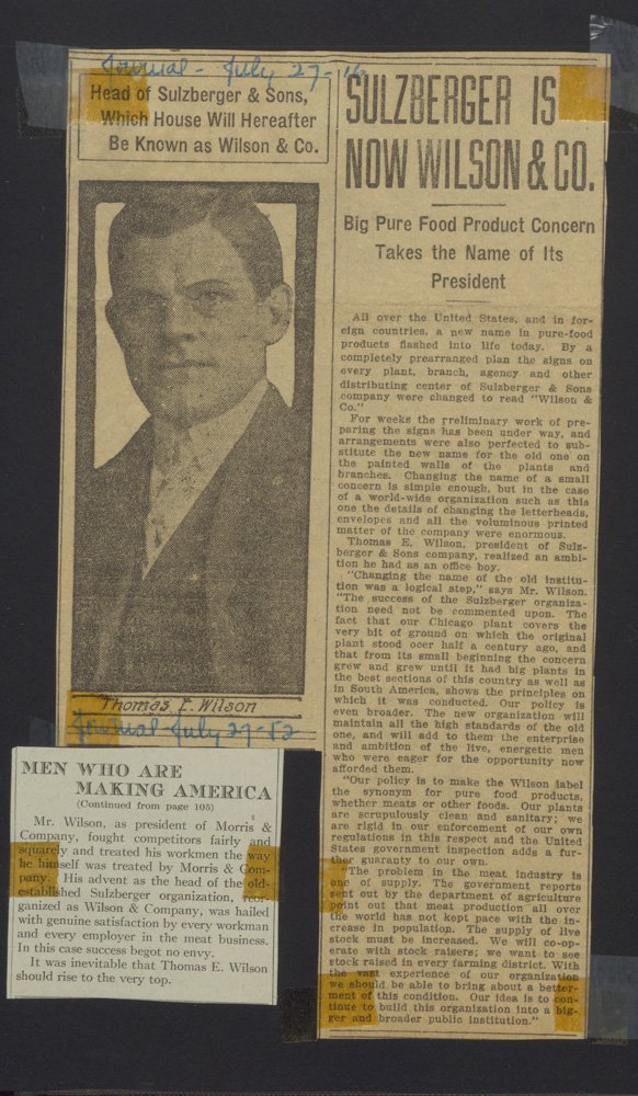 Newspaper clipping includes black-and-white photograph of Thomas E. Wilson who is a young white man with dark hair. The headline reads "SULZBERGER IS NOW WILSON & CO.: Big Pure Food Product Concern Takes the Name of Its President."