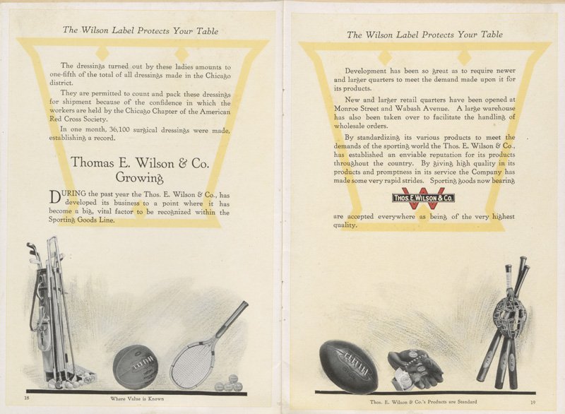 Pages include black-and-white illustrations of Thomas E. Wilson, & Co. sporting equipment, including golf clubs, basketball, tennis racket, football, baseball glove, and baseball bats. Text includes "During the past year the Thos. E. Wilson & Co. has developed its business to a point where it has become a big, vital factor to be recognized within the Sporting Goods Line.