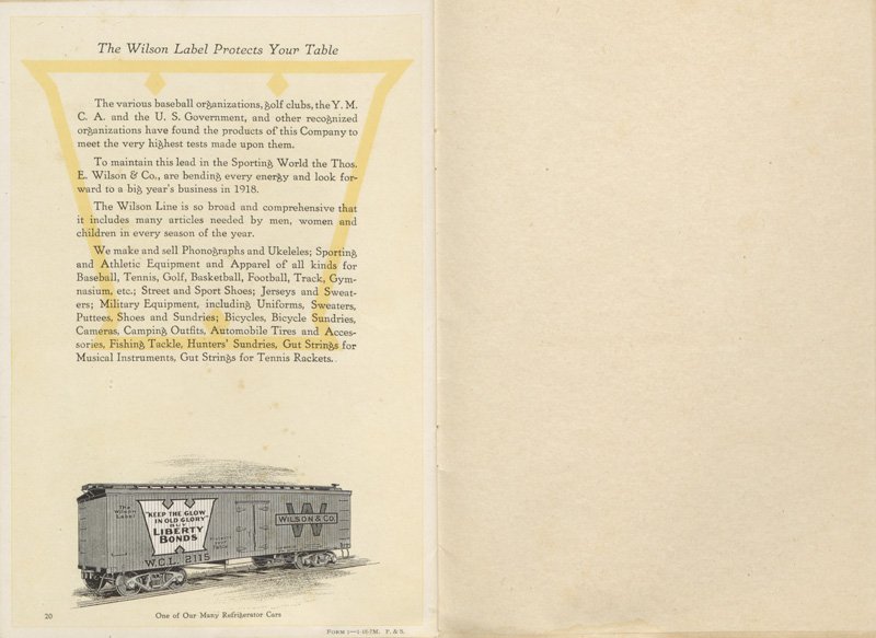 Page includes black-and-white illustration of a company refrigerated train car painted with the Wilson W and an advertisement for Liberty Bonds. Text lists many products made by the subsidiary including phonographs and ukuleles, sporting and athletic equipment and apparel, bicycles, camping gear, automobile tires and accessories, and gut strings for musical instruments.