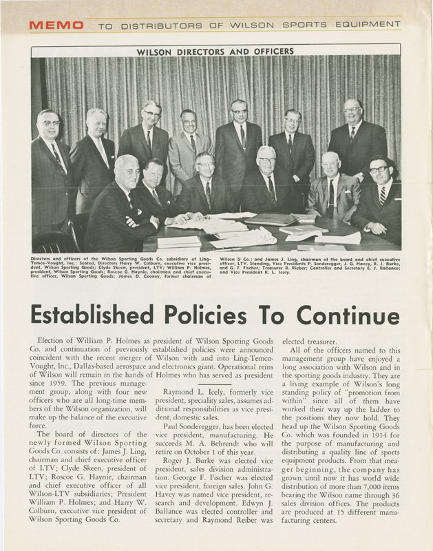 Memo includes a black-and-white photograph of the 13 Wilson directors and officers in 1967. All are white men who are seated and standing around a conference table. The title of the memo reads "Established policies to continue."