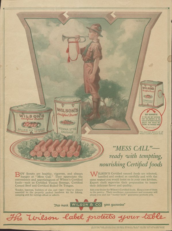 Full-page color advertisement for Wilson & Co. tinned sausage, tongue, and corned beef. Illustration of a white boy scout in uniform blowing a trumpet. Illustration of boy is within the outline of the Wilson "W." Alongside the "W" are illustrations of tinned meat, and a plate of sausages. Slogan reads "MESS CALL - ready with tempting, nourishing, Certified foods."
