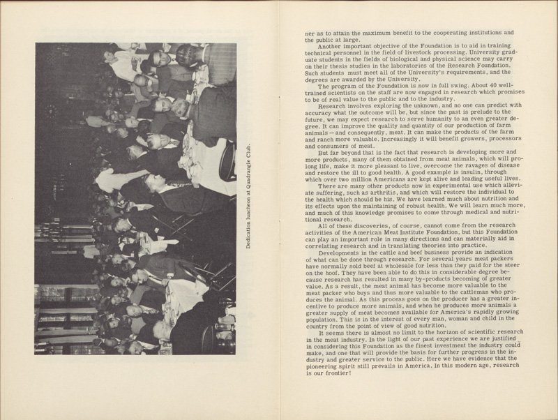 Continued text of Thomas E. Wilson's address. Opposite page is a black-and-white photograph of the dedication luncheon at the Quadrangle Club. All white men in suits seated at round tables with white tablecloths.