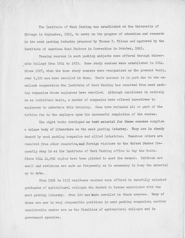Text begins "The Institute of Meat Packing was established at the University of Chicago in September, 1923, to carry on the program of education and research in the meat packing industry proposed by Thomas E. Wilson and approved by the Institute of American Meat Packers in Convention in October, 1922..."