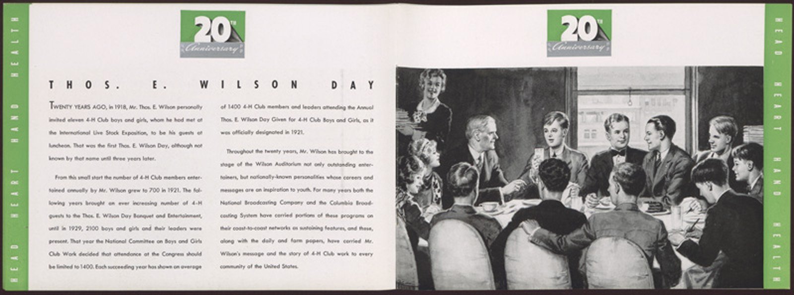 Two internal pages of a program for the 20th anniversary celebration of the 4-H Club's Thomas E. Wilson Day (1937). The article is about Thomas E. Wilson Day and features a black-and-white illustration of Thomas E. Wilson seated at a dining table with a group of young boys and girls.